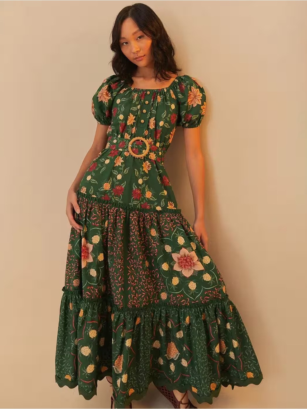 FARM Rio Pineapple Garden Floral Puff-Sleeve Maxi Dress with Belt 100% Cotton
